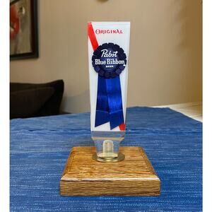 Vtg Pabst Blue Ribbon Lucite Beer Tap Handle Pull Wood Mounted Advertising 6"